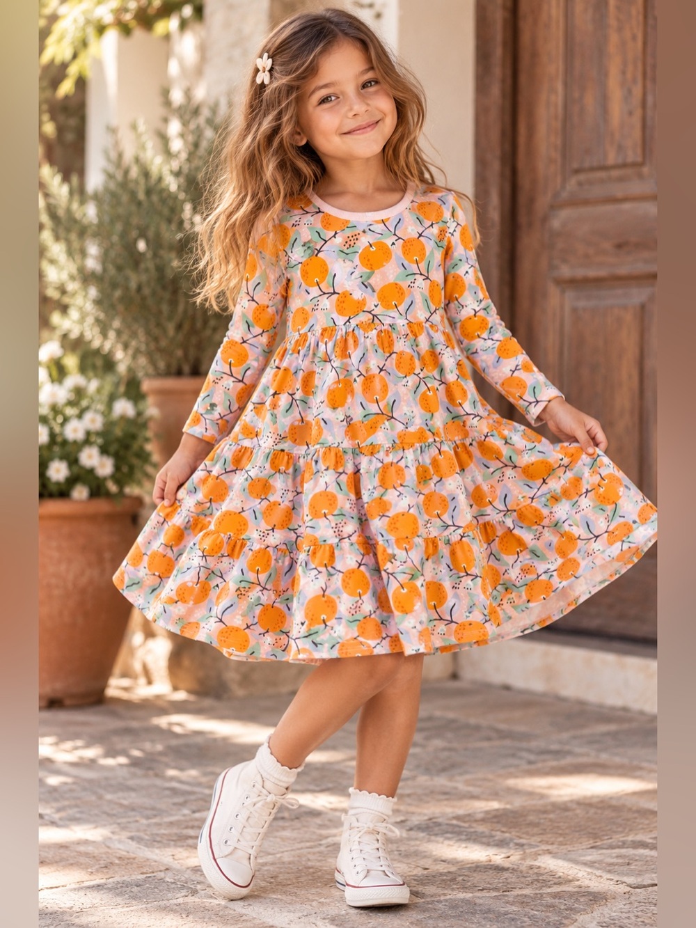 Hanna Andersson Twirl Power Clementine Orange Pink Tiered 6-7 year Girls Dress